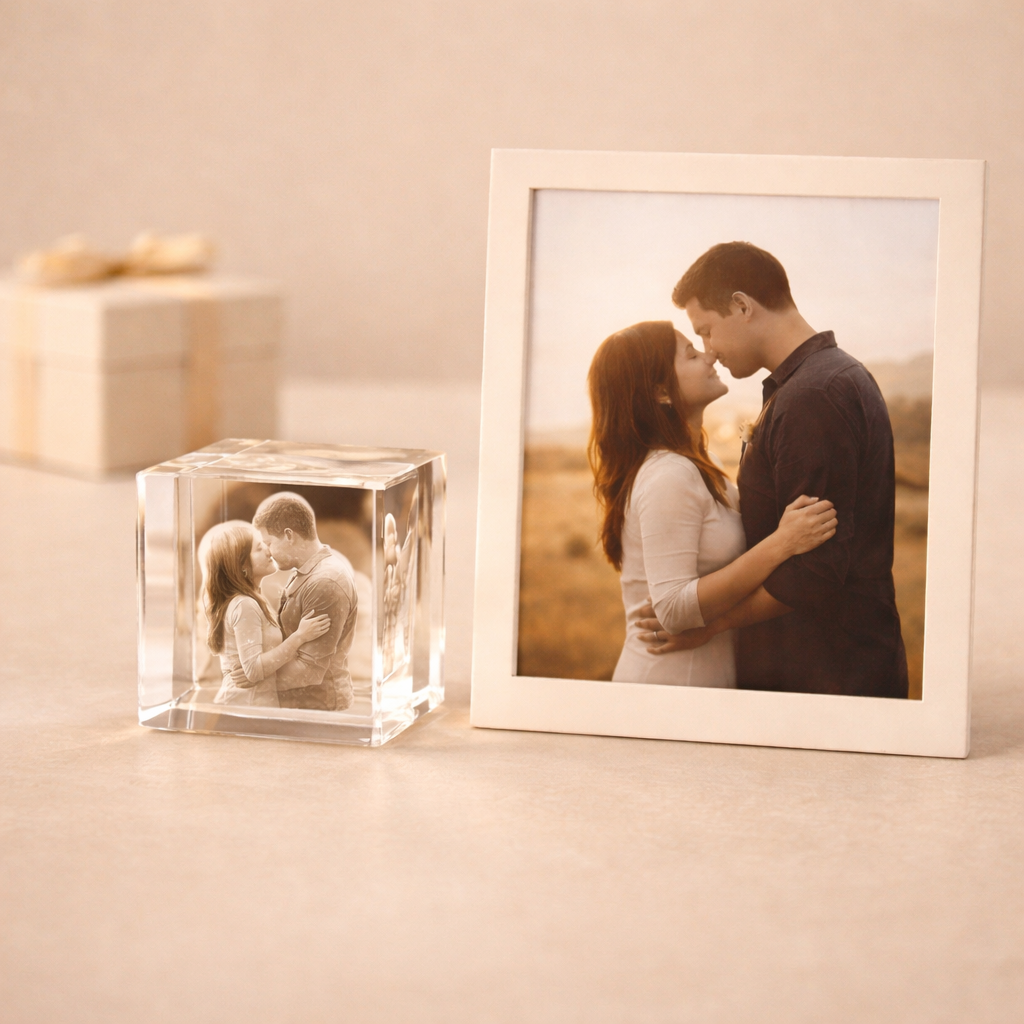 A crystal photo cube with a 3D engraved couple and a framed romantic picture displayed on a soft cream background, illuminated by warm, elegant lighting to evoke emotion and meaningful memories