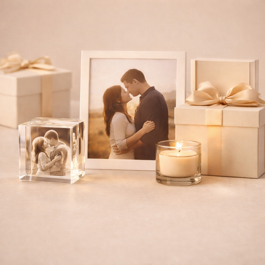 A curated selection of meaningful gifts including a crystal photo cube, framed couple picture, candle and elegant gift box, arranged on a soft neutral background with warm lighting.