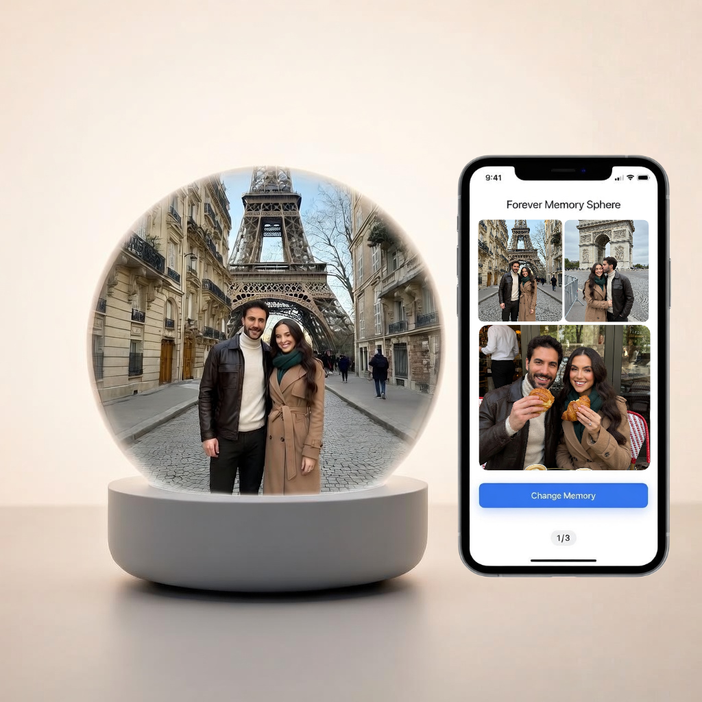 Forever Memory Sphere displaying a personalized photo inside the crystal ball with mobile app preview on smartphone