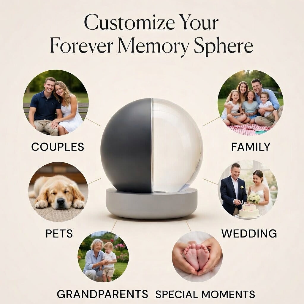 Forever Memory Sphere customization options showing couples, family, pets, wedding and special moments inside a crystal ball