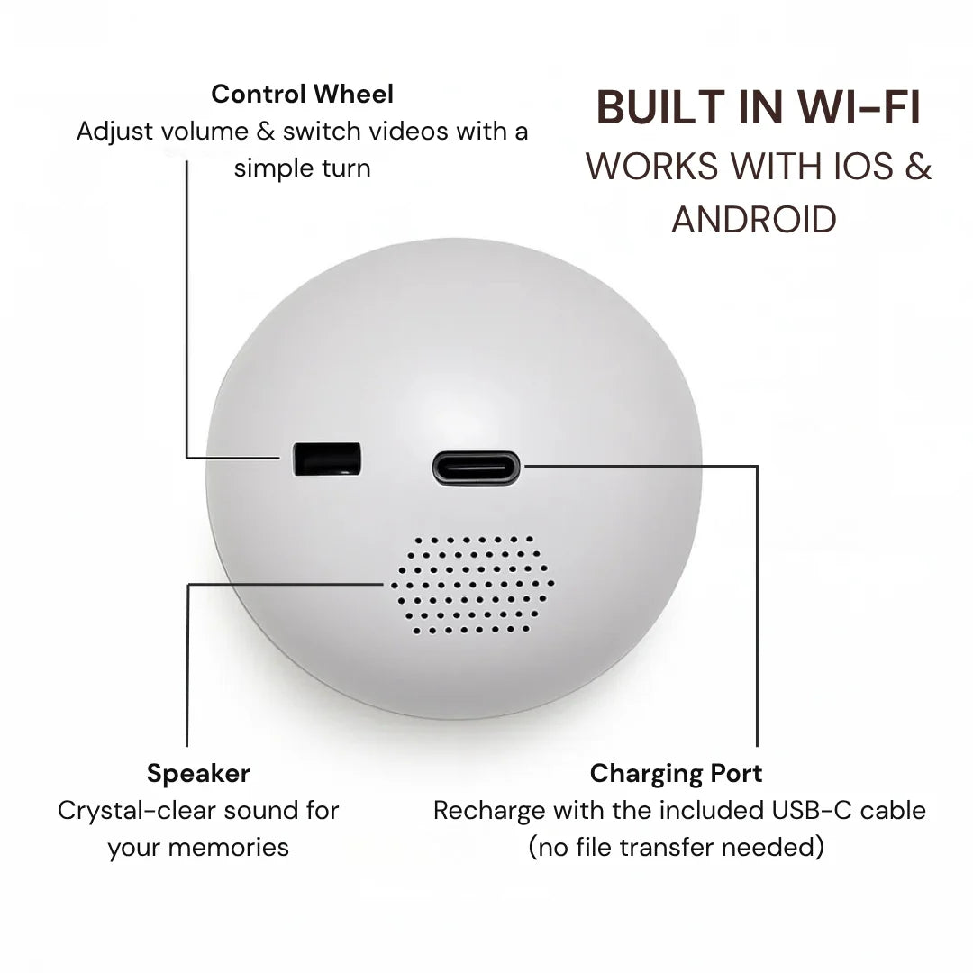 Back view of the Forever Memory Sphere showing speaker USB C charging port control wheel and built in WiFi connectivity